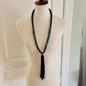 Gorgeous black and turquoise necklace with leather tassel